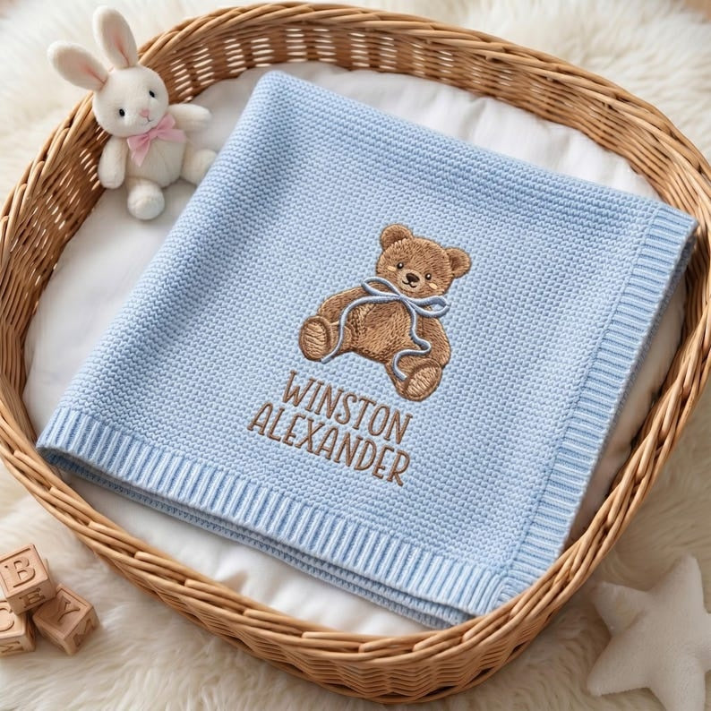 Personalized Embroidered Teddy Bear Baby Blanket with Name - Custom Knit Newborn Gift, Gift For Baby, Nursery Keepsake, Newborn Gift