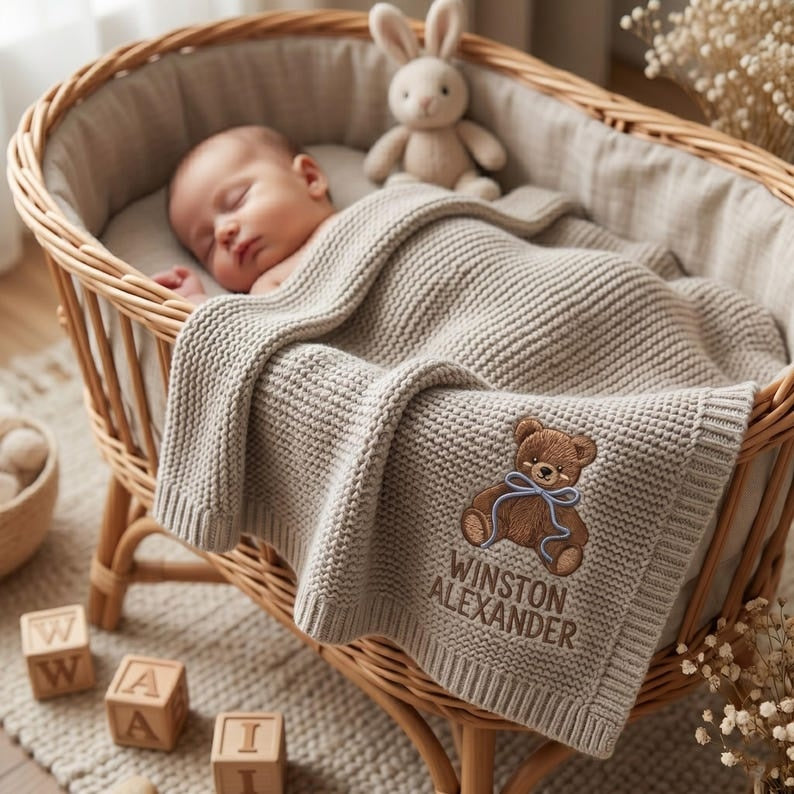 Personalized Embroidered Teddy Bear Baby Blanket with Name - Custom Knit Newborn Gift, Gift For Baby, Nursery Keepsake, Newborn Gift