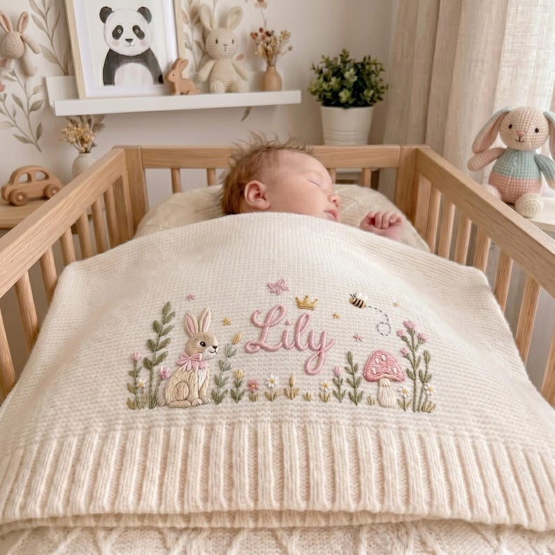 Personalized Embroidered Bunny Floral Baby Blanket, Custom Knit Baby Blanket with Name for Newborn, Gift for Baby, Keepsake Newborn Gift