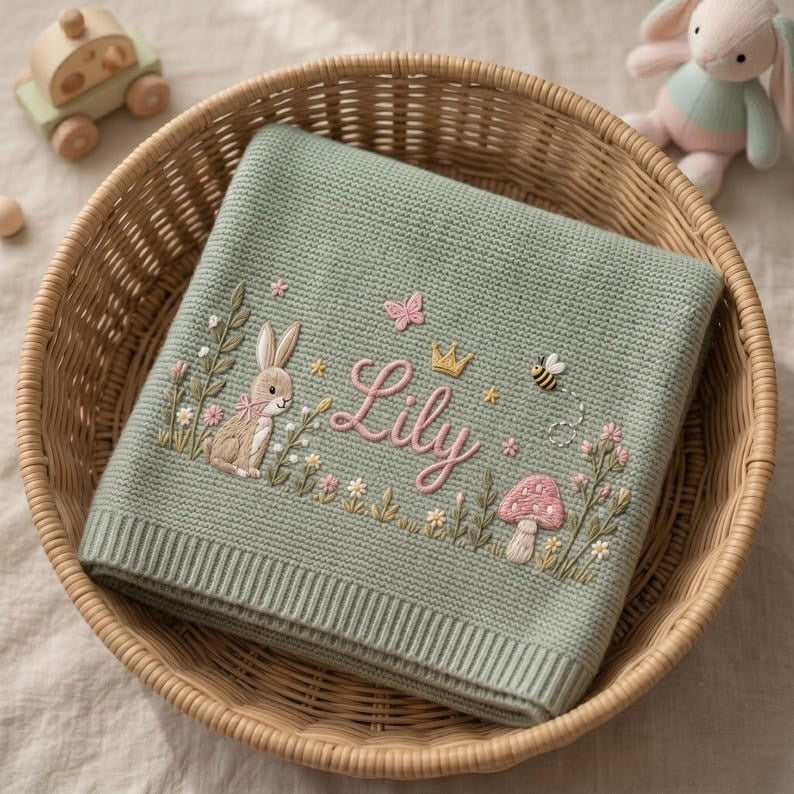 Personalized Embroidered Bunny Floral Baby Blanket, Custom Knit Baby Blanket with Name for Newborn, Gift for Baby, Keepsake Newborn Gift