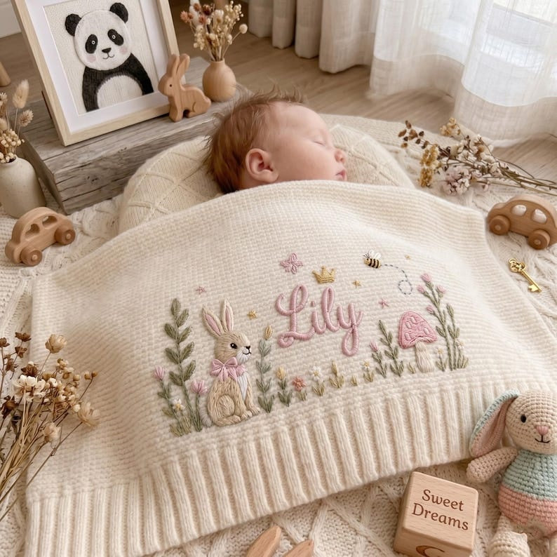 Personalized Embroidered Bunny Floral Baby Blanket, Custom Knit Baby Blanket with Name for Newborn, Gift for Baby, Keepsake Newborn Gift
