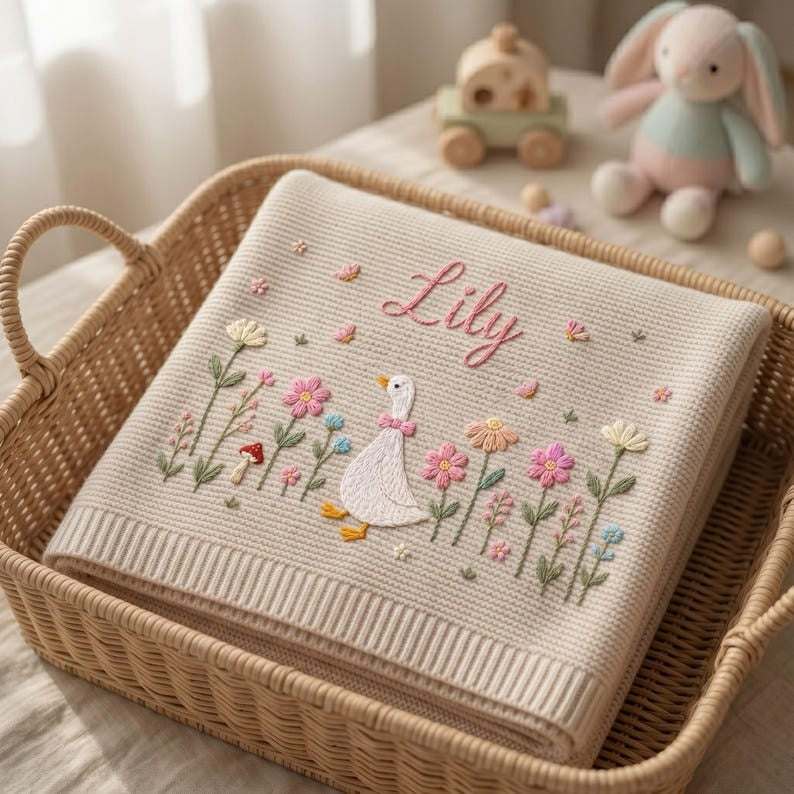Personalized Embroidered Goose Baby Blanket with Name, Custom Floral Knit Newborn Gift for Newborn, Gift for Baby, Baby Keepsake Gift