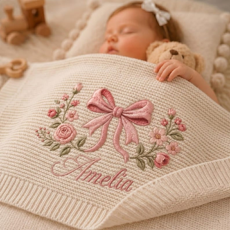 Personalized Coquette Bow Embroidered Knit Baby Blanket, Embroidered Floral Blanket, Baby Blanket, Baby Girl Gift, Keepsake Newborn