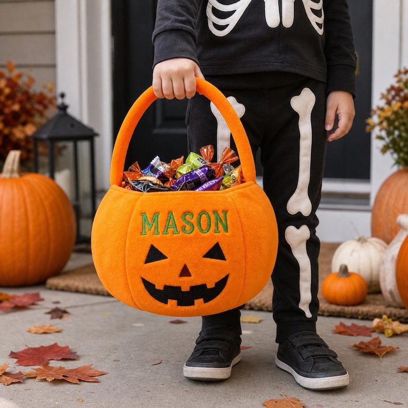 Personalized Pumpkin Trick or Treat Basket, Embroidered Halloween Candy Bag for Kids, Custom Name Plush Pumpkin Bucket