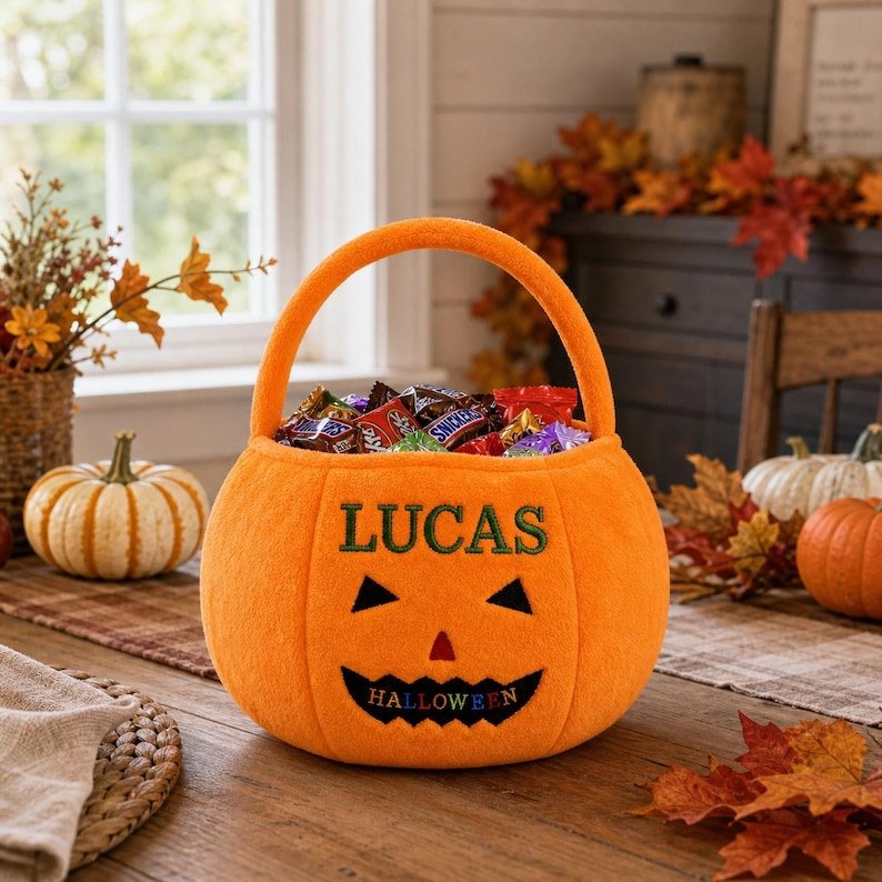 Personalized Pumpkin Trick or Treat Basket, Embroidered Halloween Candy Bag for Kids, Custom Name Plush Pumpkin Bucket