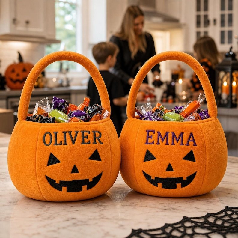 Personalized Pumpkin Trick or Treat Basket, Embroidered Halloween Candy Bag for Kids, Custom Name Plush Pumpkin Bucket