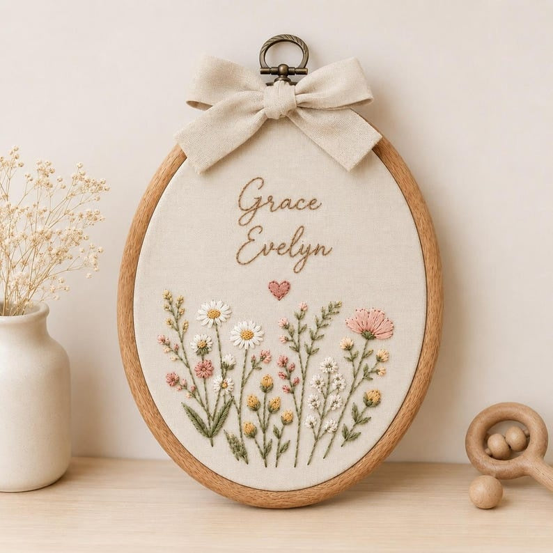 Personalized Floral Baby Name Sign, Embroidered Nursery Wall Art, Custom Oval Name Hoop, Wildflower Baby Room Decor Gift