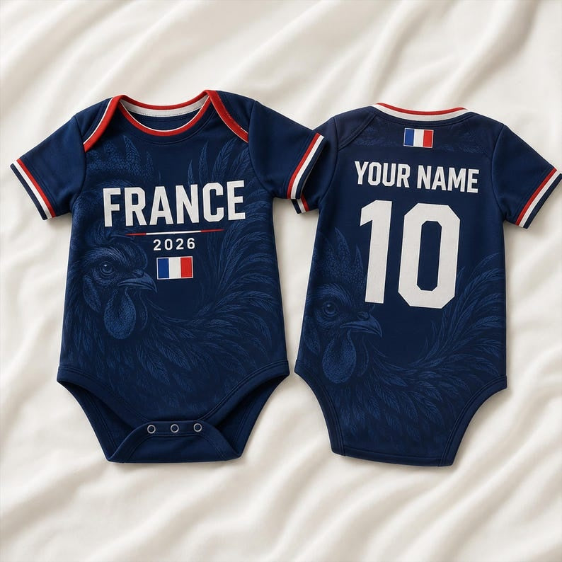 Personalized France Baby Bodysuit, Custom Name Number Infant Soccer Outfit, France Baby Jersey