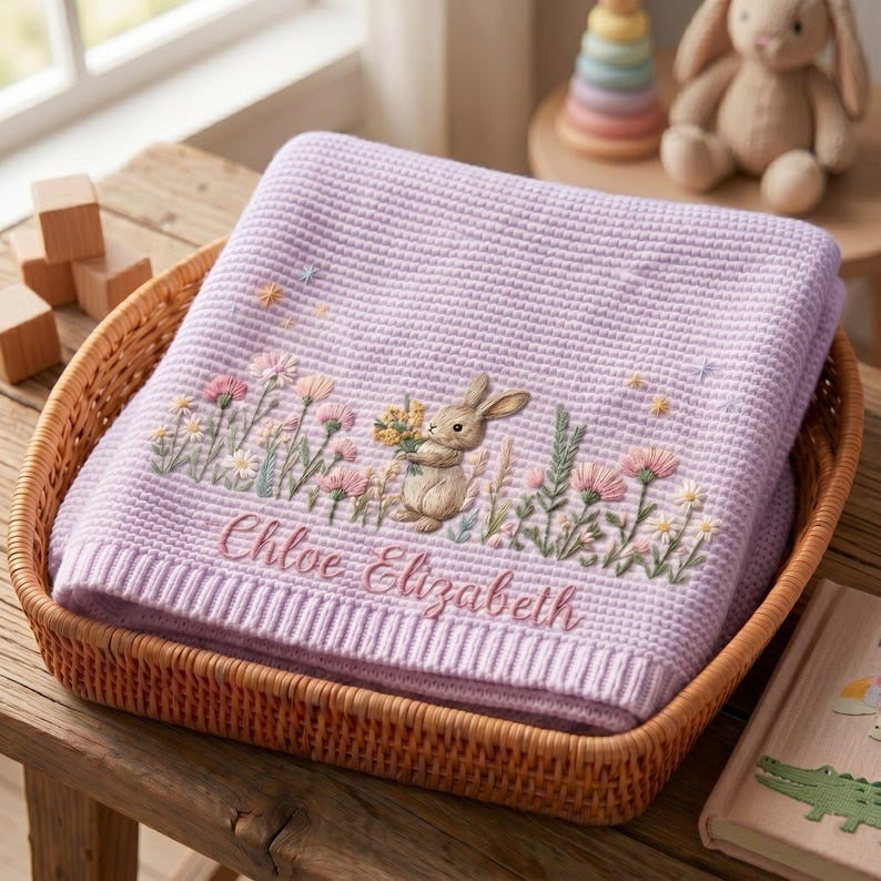 Personalized Bunny Baby Embroidered Blanket, Floral Baby Girl Blanket, Custom Rabbit Blanket, Welcome Baby Nursery Keepsake, Newborn Gift