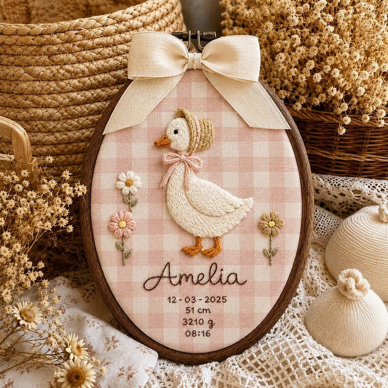 Personalized Lady Goose Birth Stats Embroidery Hoop, Custom Baby Name Sign, Newborn Nursery Decor, Baby Birth Announcement Gift