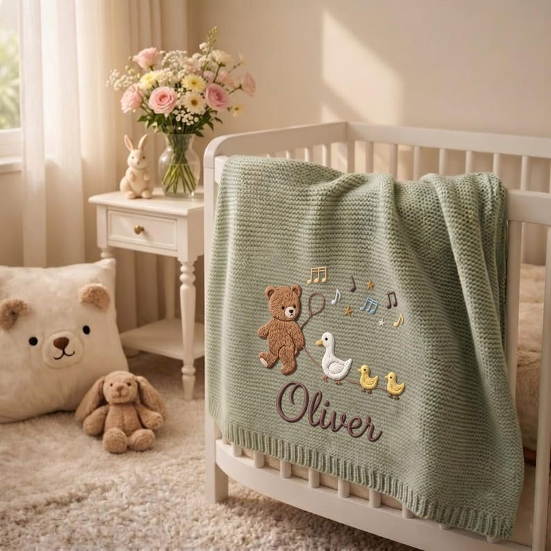 Personalized Teddy Bear Baby Blanket, Embroidered Name Blanket, Duck Baby Gift, Custom Newborn Gift, Baby Shower Gift