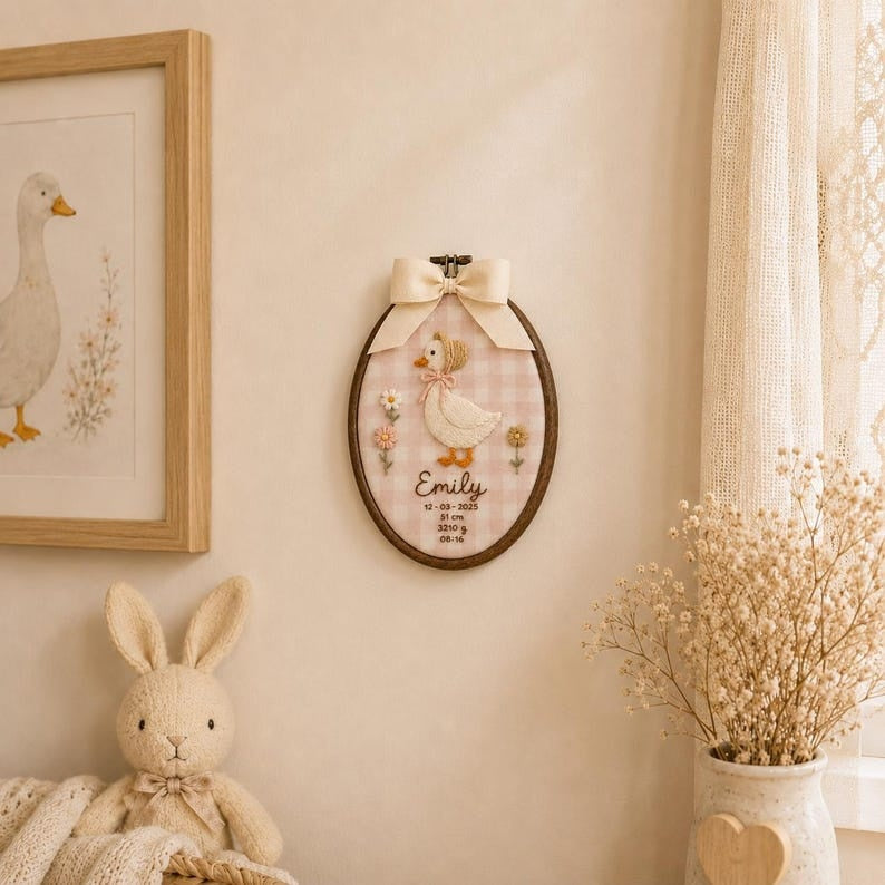 Personalized Lady Goose Birth Stats Embroidery Hoop, Custom Baby Name Sign, Newborn Nursery Decor, Baby Birth Announcement Gift