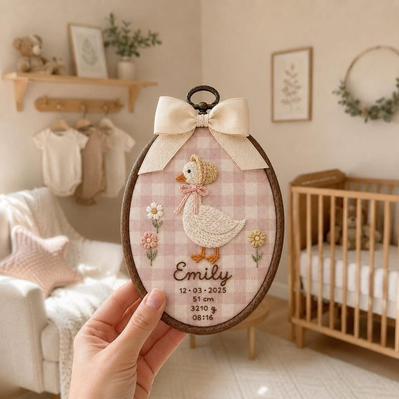 Personalized Lady Goose Birth Stats Embroidery Hoop, Custom Baby Name Sign, Newborn Nursery Decor, Baby Birth Announcement Gift