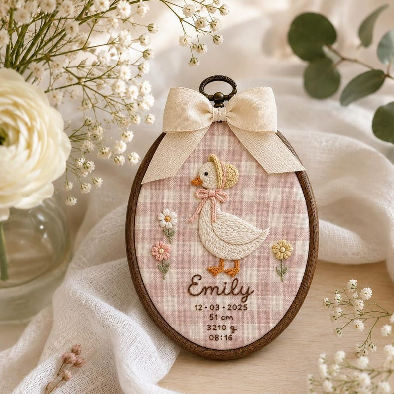 Personalized Lady Goose Birth Stats Embroidery Hoop, Custom Baby Name Sign, Newborn Nursery Decor, Baby Birth Announcement Gift
