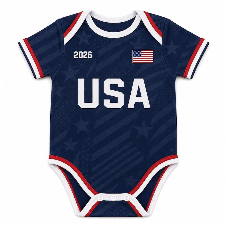 Personalized USA Coast Baby Bodysuit, Custom Name Number Infant Soccer Outfit, USA Baby Jersey
