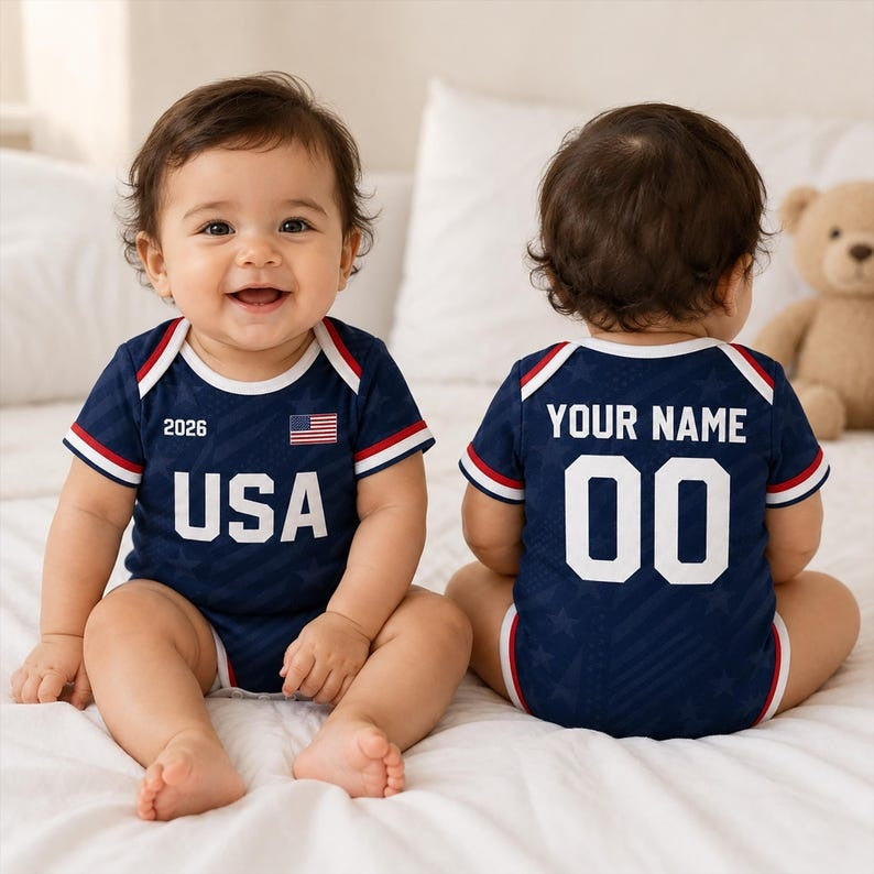 Personalized USA Coast Baby Bodysuit, Custom Name Number Infant Soccer Outfit, USA Baby Jersey