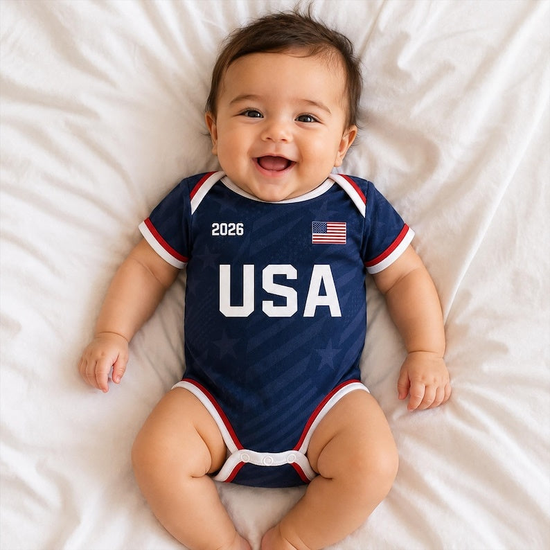 Personalized USA Coast Baby Bodysuit, Custom Name Number Infant Soccer Outfit, USA Baby Jersey