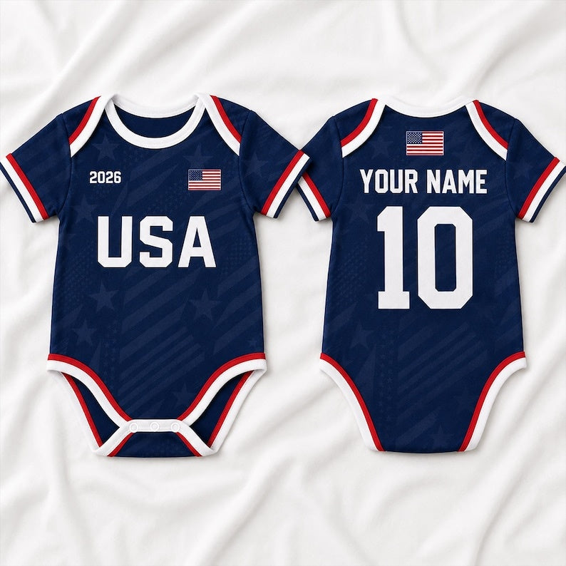 Personalized USA Coast Baby Bodysuit, Custom Name Number Infant Soccer Outfit, USA Baby Jersey