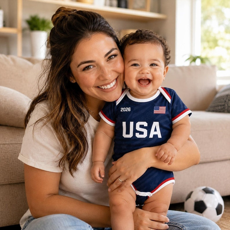 Personalized USA Coast Baby Bodysuit, Custom Name Number Infant Soccer Outfit, USA Baby Jersey