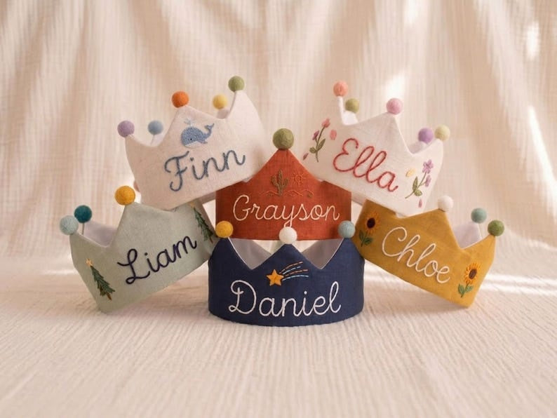 Hand Embroidered Linen Crown for Kids &Children's Birthdays, Personalized Gifts, Unique Custom Personalized Designs