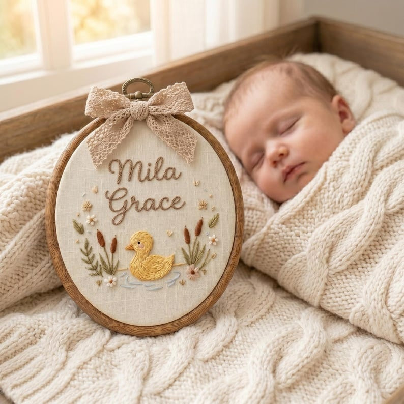 Personalized Embroidered Baby Name Sign, Custom Duck Nursery Wall Decor, Baby Name Sign, Baby Shower Gift, Nursery Decor, Newborn Keepsake
