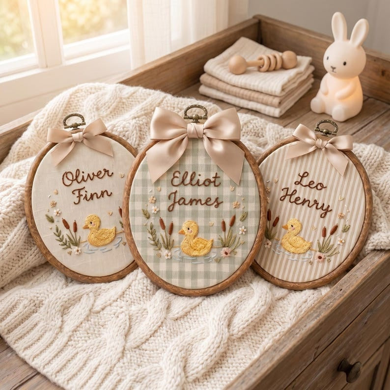 Personalized Embroidered Baby Name Sign, Custom Duck Nursery Wall Decor, Baby Name Sign, Baby Shower Gift, Nursery Decor, Newborn Keepsake