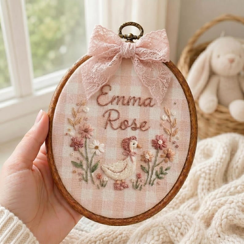 Personalized Goose Baby Name Sign, Custom Embroidered Nursery Name Hoop, Baby Shower Gift, Newborn Keepsake, Floral Baby Name Announcement