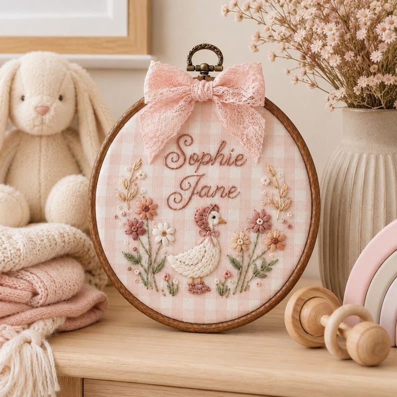 Personalized Goose Baby Name Sign, Custom Embroidered Nursery Name Hoop, Baby Shower Gift, Newborn Keepsake, Floral Baby Name Announcement