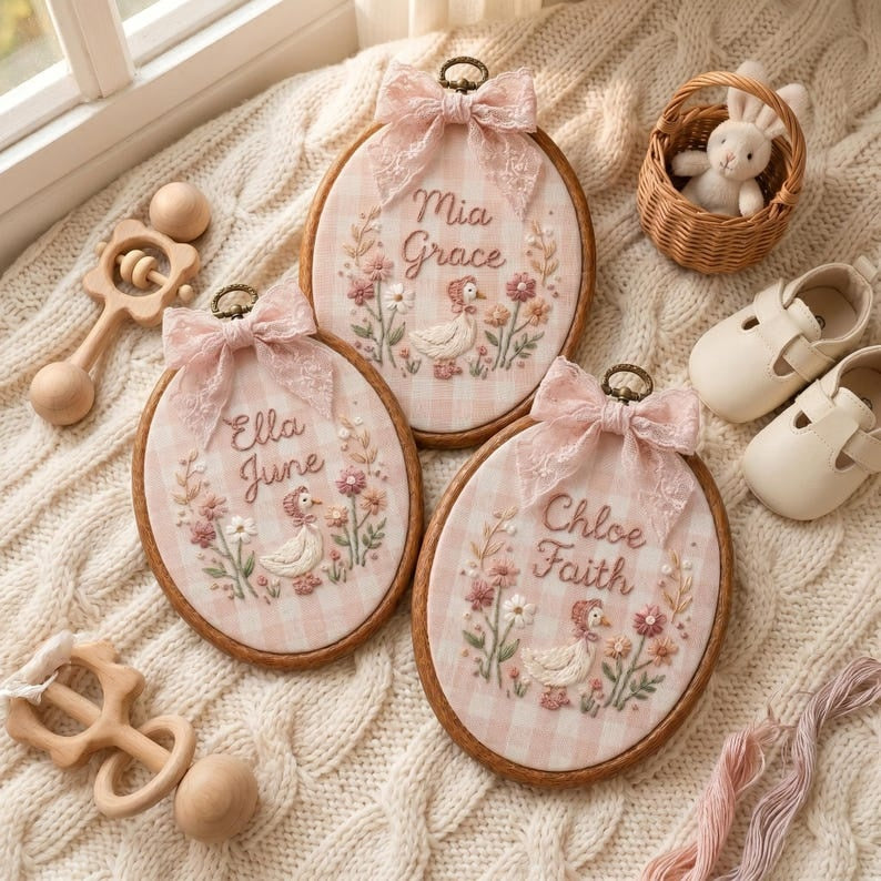 Personalized Goose Baby Name Sign, Custom Embroidered Nursery Name Hoop, Baby Shower Gift, Newborn Keepsake, Floral Baby Name Announcement