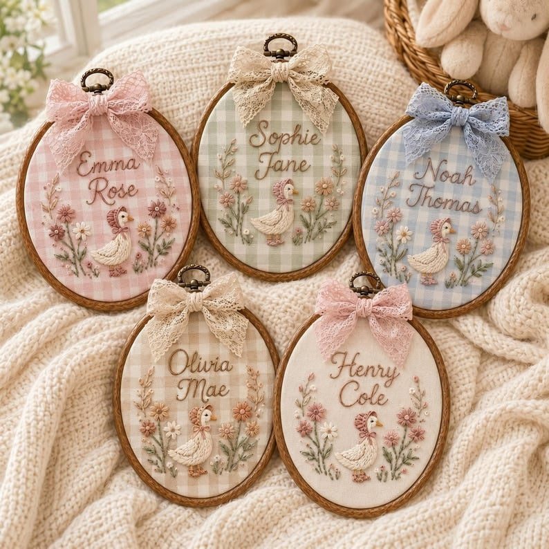 Personalized Goose Baby Name Sign, Custom Embroidered Nursery Name Hoop, Baby Shower Gift, Newborn Keepsake, Floral Baby Name Announcement
