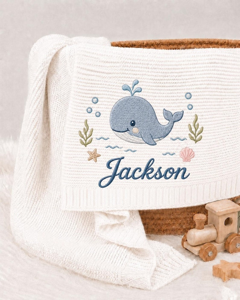 Custom Whale Ocean Embroidered Baby Blanket, Personalized Name Newborn Gift, Coastal Nursery Keepsake, Baby Shower Gift