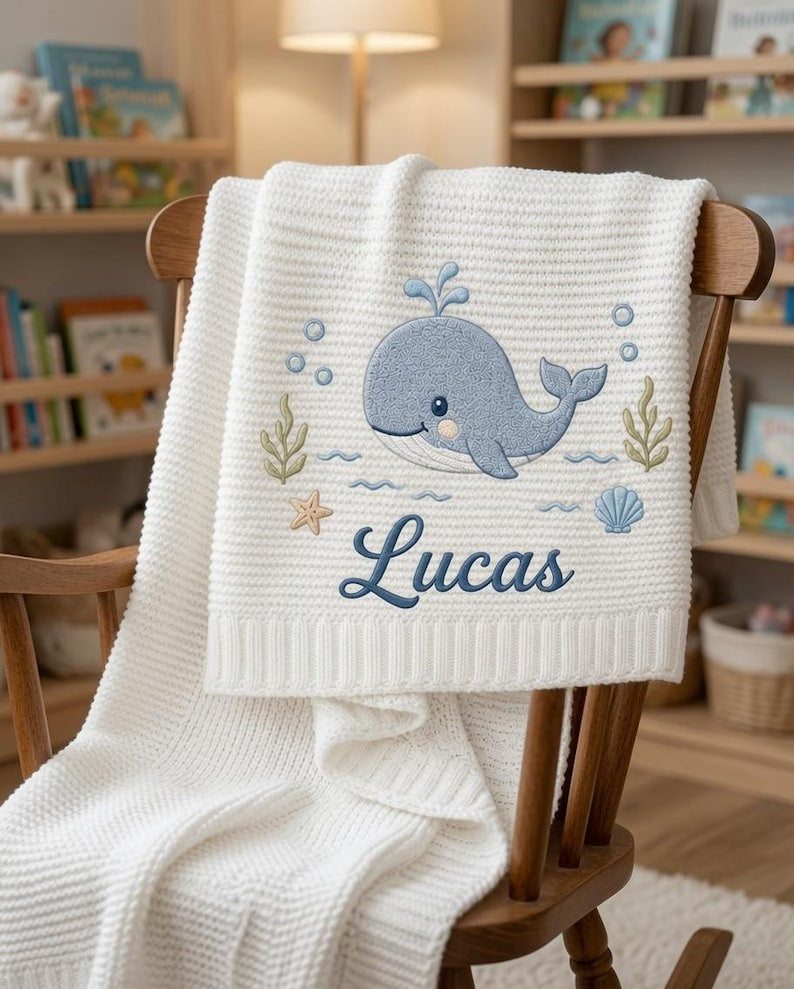 Custom Whale Ocean Embroidered Baby Blanket, Personalized Name Newborn Gift, Coastal Nursery Keepsake, Baby Shower Gift
