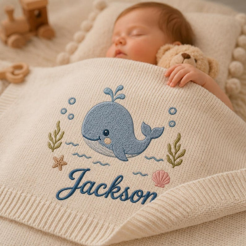 Custom Whale Ocean Embroidered Baby Blanket, Personalized Name Newborn Gift, Coastal Nursery Keepsake, Baby Shower Gift