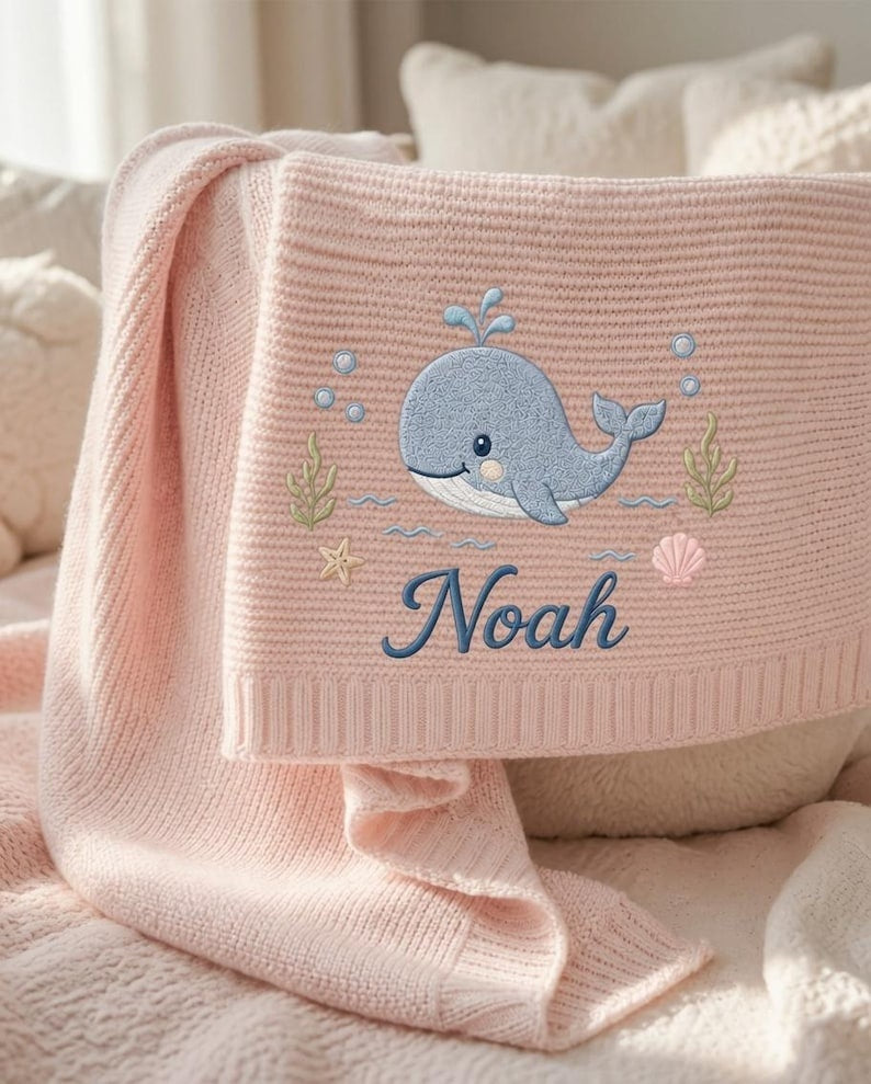 Custom Whale Ocean Embroidered Baby Blanket, Personalized Name Newborn Gift, Coastal Nursery Keepsake, Baby Shower Gift