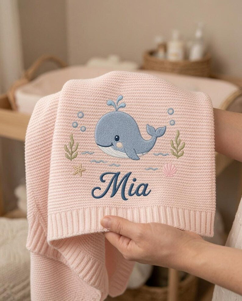 Custom Whale Ocean Embroidered Baby Blanket, Personalized Name Newborn Gift, Coastal Nursery Keepsake, Baby Shower Gift