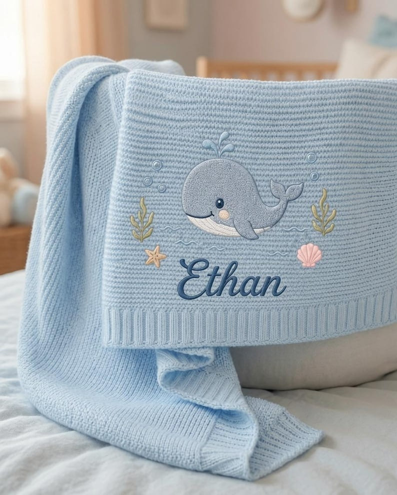 Custom Whale Ocean Embroidered Baby Blanket, Personalized Name Newborn Gift, Coastal Nursery Keepsake, Baby Shower Gift
