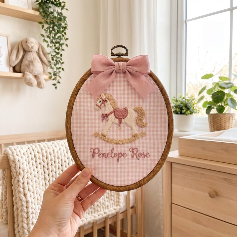 Personalized Embroidered Baby Name Hoop, Custom Rocking Horse Nursery Wall Decor, Custom Baby Name Sign, Baby Shower Gift, Newborn Keepsake