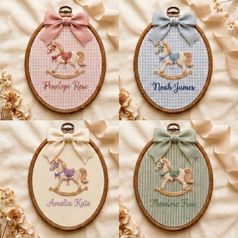 Personalized Embroidered Baby Name Hoop, Custom Rocking Horse Nursery Wall Decor, Custom Baby Name Sign, Baby Shower Gift, Newborn Keepsake