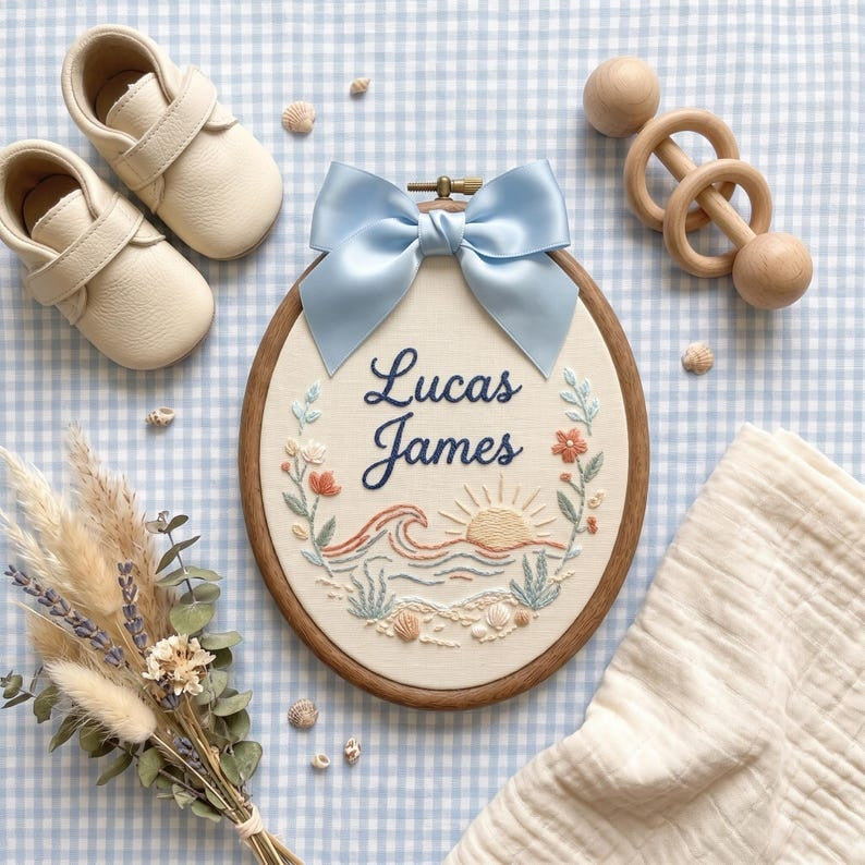 Personalized Embroidered Baby Name Hoop, Custom Ocean Nursery Wall Decor, Sunrise Baby Name Sign, Coastal Baby Shower Gift, Baby Room Decor