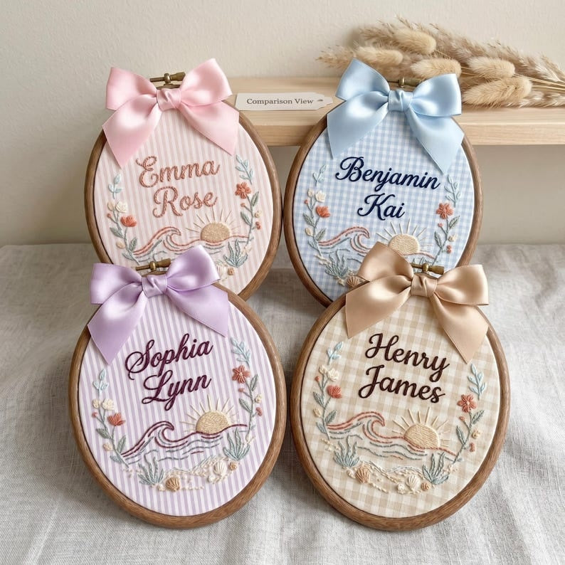 Personalized Embroidered Baby Name Hoop, Custom Ocean Nursery Wall Decor, Sunrise Baby Name Sign, Coastal Baby Shower Gift, Baby Room Decor