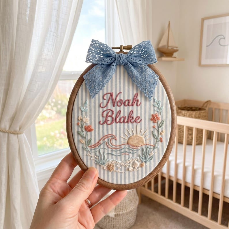 Personalized Embroidered Baby Name Hoop, Custom Ocean Nursery Wall Decor, Sunrise Baby Name Sign, Coastal Baby Shower Gift, Baby Room Decor