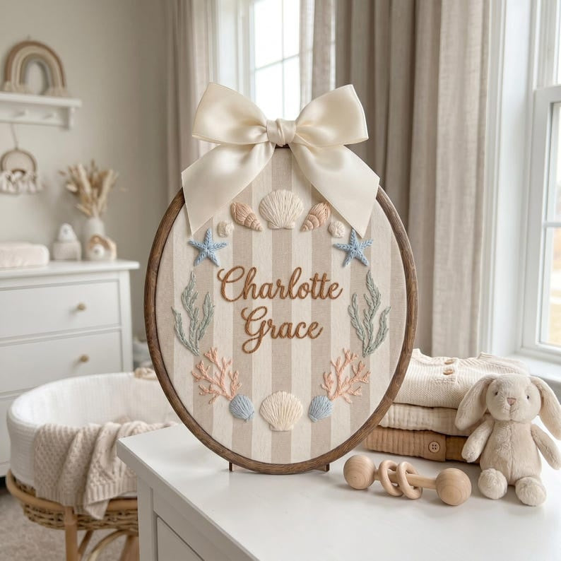 Personalized Embroidered Baby Name Hoop, Custom Seashell Nursery Wall Decor, Baby Name Sign, Coastal Nursery Decor, Baby Shower Gift