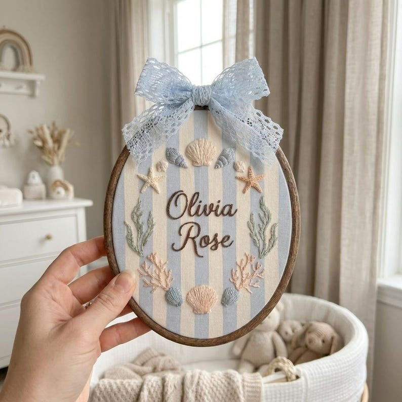 Personalized Embroidered Baby Name Hoop, Custom Seashell Nursery Wall Decor, Baby Name Sign, Coastal Nursery Decor, Baby Shower Gift
