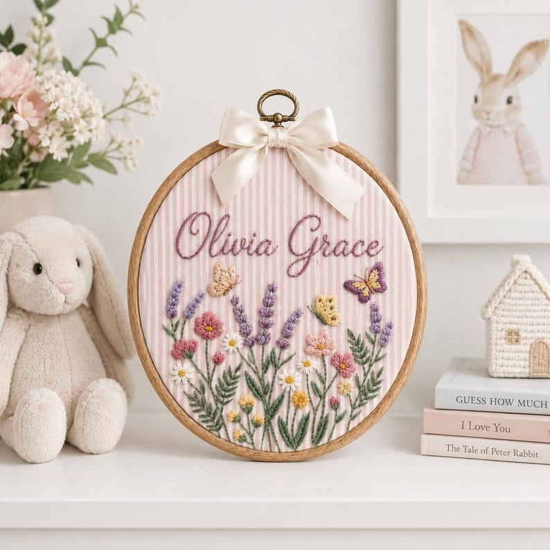 Personalized Wildflower Embroidered Baby Name Hoop, Custom Lavender Nursery Wall Decor, Floral Baby Name Sign, Baby Shower Gift, Newborn Gift