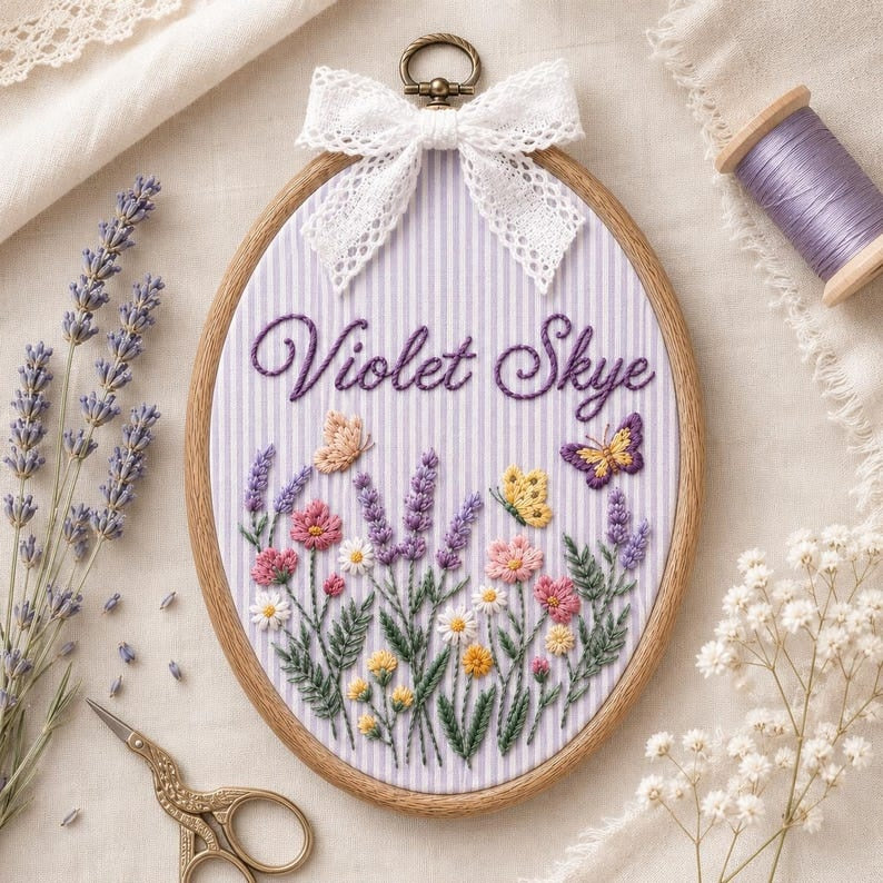 Personalized Wildflower Embroidered Baby Name Hoop, Custom Lavender Nursery Wall Decor, Floral Baby Name Sign, Baby Shower Gift, Newborn Gift