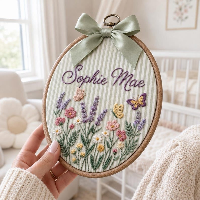 Personalized Wildflower Embroidered Baby Name Hoop, Custom Lavender Nursery Wall Decor, Floral Baby Name Sign, Baby Shower Gift, Newborn Gift