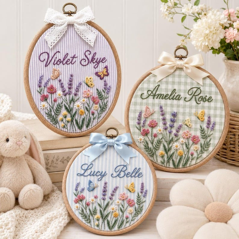 Personalized Wildflower Embroidered Baby Name Hoop, Custom Lavender Nursery Wall Decor, Floral Baby Name Sign, Baby Shower Gift, Newborn Gift