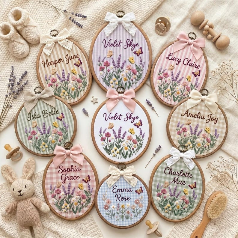Personalized Wildflower Embroidered Baby Name Hoop, Custom Lavender Nursery Wall Decor, Floral Baby Name Sign, Baby Shower Gift, Newborn Gift