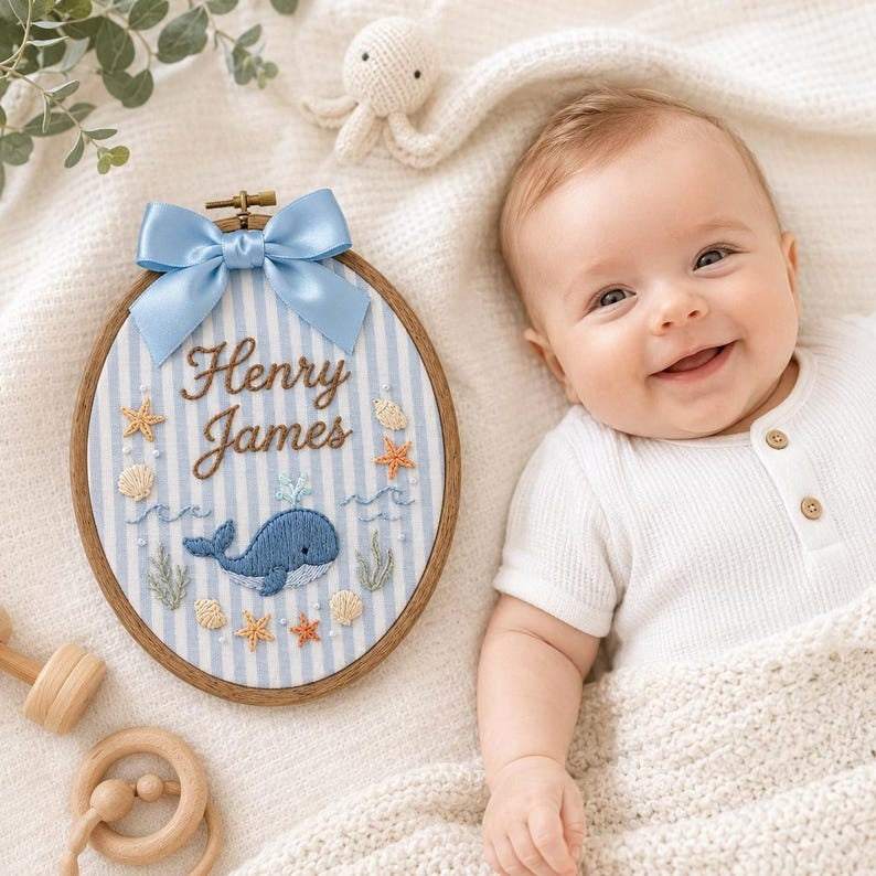 Personalized Whale Baby Name Sign, Custom Embroidered Name Hoop, Ocean Baby Nursery Wall Decor, Baby Name Announcement, Newborn Keepsake