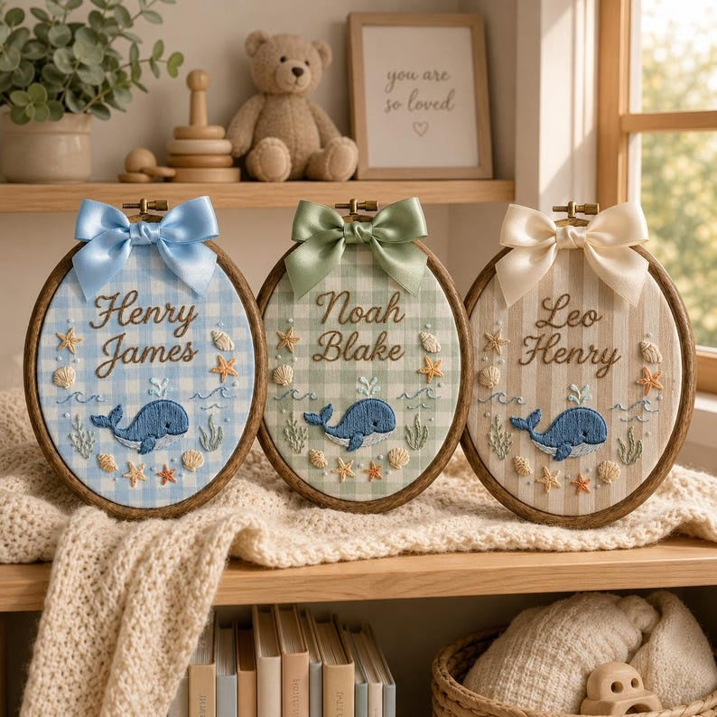 Personalized Whale Baby Name Sign, Custom Embroidered Name Hoop, Ocean Baby Nursery Wall Decor, Baby Name Announcement, Newborn Keepsake
